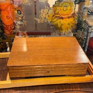Vintage Wooden Lock Box and Dixon silverware